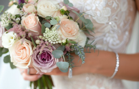A bride holds a bouquet of roses, greenery, and other flowers. The flowers are a mix of white, pink, and purple.の素材