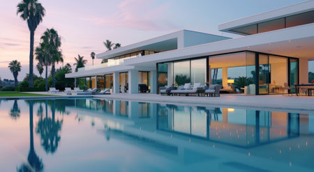 A modern home with a swimming pool is lit up at dusk. The home has large windows that showcase the interior, while the pool reflects the surrounding landscaping and sky.の素材