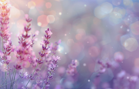 Lavender flowers bloom in a field with a soft, blurry background of sunlight and bokeh.の素材