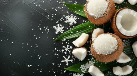 Coconut halves, leaves, and flakes on a dark surface.の素材