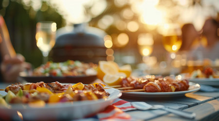Close-up of skewers with grilled meat cooking over an open flame. Blurred background shows people enjoying a gathering outdoors.の素材