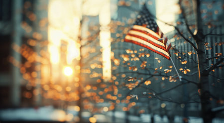 A close-up view of an American flag waving in the breeze, captured in a city setting as the sun sets. The flag is partially obscured by branches of a tree, with warm, golden light illuminating the scene.の素材