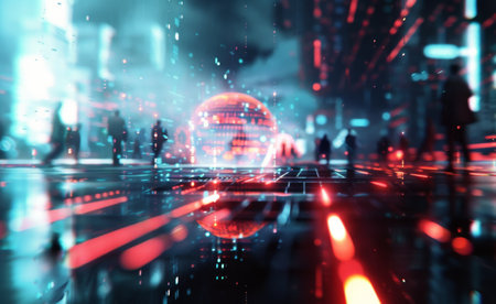 Silhouettes of people walk through a futuristic cityscape illuminated by glowing red and blue lights. A large red sphere appears to be hovering in the middle distance, with a grid pattern on the ground reflecting the cityscape.の素材