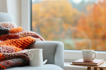 A cozy blanket and open book lie on a couch, inviting relaxation by a window with a view of colorful autumn foliage.の素材