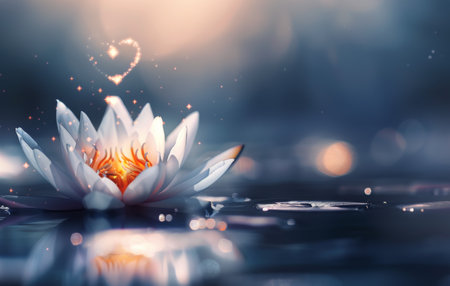 A single, pristine white water lily blooms in a pond, its delicate petals catching the light. A soft glow emanates from the flower, creating a magical aura of sparkling lights and shimmering water.の素材