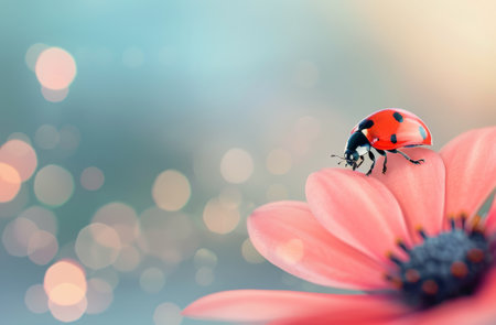A ladybug rests on a pink flower petal, with a blurry background of soft blue and yellow bokeh.の素材