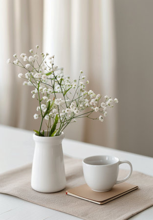 A white vase filled with delicate white flowers sits on a linen table runner, next to a white coffee mug.の素材