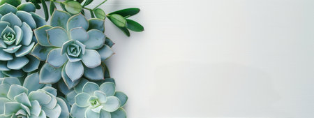 Succulents arranged in a corner on a white background. They are all in focus and arranged in a cluster.の素材