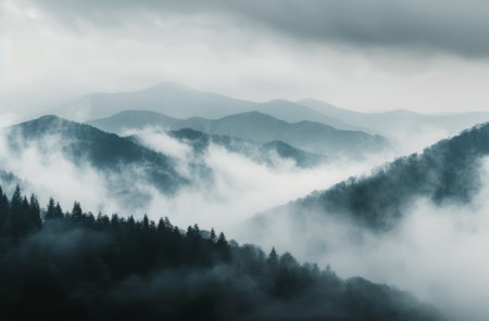 A panoramic view of a misty mountain range with a thick layer of clouds obscuring the lower slopes. The peaks are barely visible through the fog, creating a sense of mystery and wonder.の素材