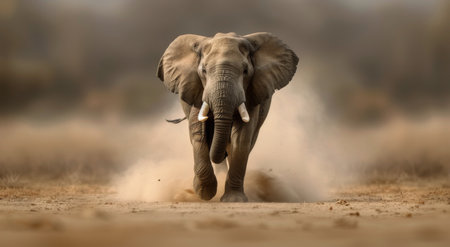 An elephant walks on a dusty path in a savanna. The elephant is in the foreground and the background is blurred.の素材