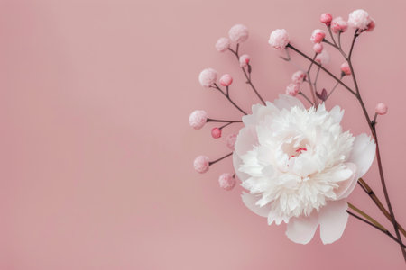 A delicate pink peony blossom with soft petals and a subtle pink hue is in focus, set against a blurred pink background. Smaller white flowers with green stems add visual interest to the composition.の素材