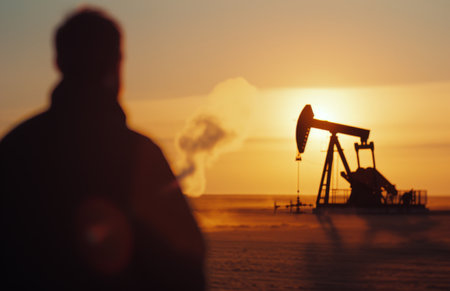 A single, silhouetted oil rig stands in the foreground, pumping oil as the sun sets over a dusty desert landscape. The rig is framed against a hazy, orange sky, with other oil rigs visible in the distance.の素材