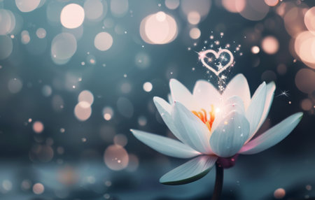 A single, pristine white water lily blooms in a pond, its delicate petals catching the light. A soft glow emanates from the flower, creating a magical aura of sparkling lights and shimmering water.の素材