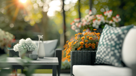 A wicker sofa with a white cushion and green pillow sits on a patio next to a small table. An orange flowered plant is on the sofa and a white flower in a vase is on the table. In the background, trees and plants are visible in the sun's warm glowの素材