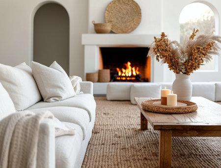 Minimalist living room with white sofa, fireplace, woven wall decor. Natural materials and soft colors create an airy feel. Large woven basket, wooden coffee table, and rug complete the spaceの素材