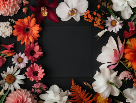 A variety of flowers, including orchids, gerbera daisies, and magnolia blossoms, are arranged around a black card. The vibrant colors and delicate textures of the flowers create a beautiful and elegant design.の素材