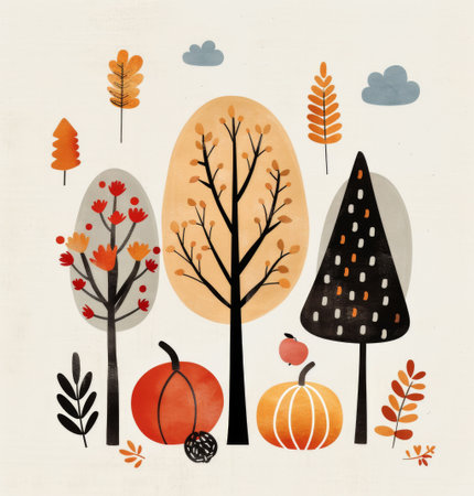 A simple illustration of a stylized forest scene featuring various trees with fall foliage and pumpkins, painted in a watercolor style.の素材