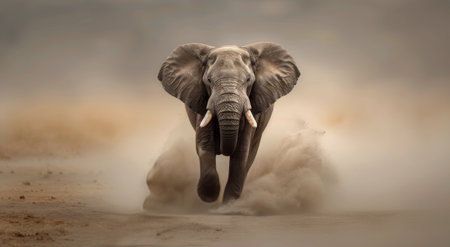 An elephant walks on a dusty path in a savanna. The elephant is in the foreground and the background is blurred.の素材