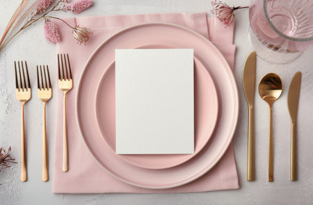 A white place card sits atop a pink plate surrounded by two larger pink plates. The plates are set on a pink linen napkin, with a glass of water and gold flatware to the right. Dried pink flowers decorate the background.の素材