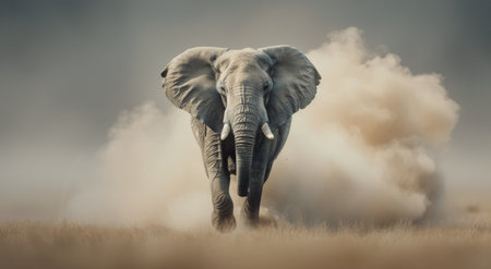 An elephant runs through a cloud of dust, its trunk raised and its ears flapping. The animal is in focus, while the background is blurred.の素材