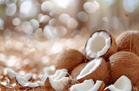 A close-up view of coconut halves, scattered with coconut flakes and illuminated by a soft, warm light. The coconuts are partially open, revealing the white flesh and the natural texture of the shell.の素材
