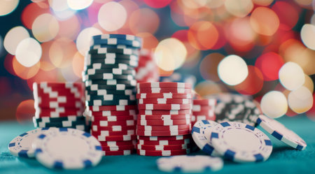 A close-up image of stacks of red, blue, and gray casino chips on a green felt table, with a blurred background of colorful lights.の素材