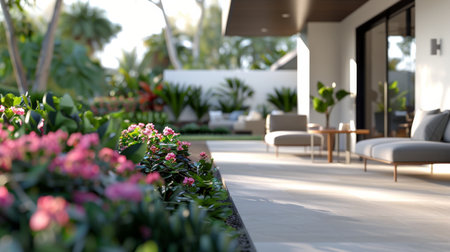 A lush patch of pink flowers in the foreground, with a modern patio in the background, featuring a couch and coffee table, in a sunny backyard setting.の素材