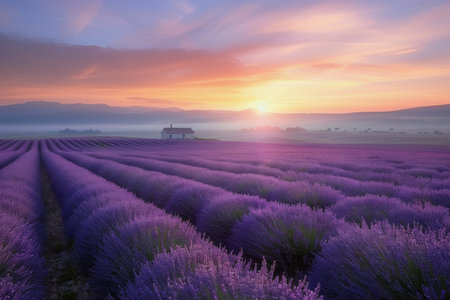 A white farmhouse sits in a field of purple lavender with rows of plants leading to a hazy horizon. The sun rises in the distance, casting a warm glow over the landscape.の素材