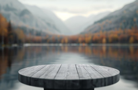 A wooden table sits on the edge of a foggy lake, with mountains and trees in the background. The scene is peaceful and serene, with a soft, misty atmosphere.の素材