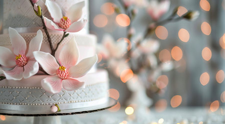 A close-up of a white wedding cake decorated with delicate, sugar-paste magnolia flowers. The cake is on a silver stand against a soft, blurred background.の素材