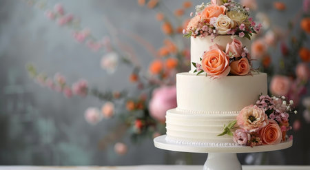 A three-tiered wedding cake sits on a white pedestal, adorned with white and pink flowers. The cake is decorated with delicate white frosting and has a soft, blurred background of light bokeh.の素材