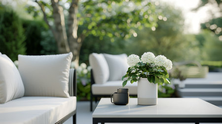A lush patch of pink flowers in the foreground, with a modern patio in the background, featuring a couch and coffee table, in a sunny backyard setting.の素材