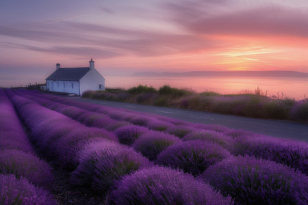 A white farmhouse sits in a field of purple lavender with rows of plants leading to a hazy horizon. The sun rises in the distance, casting a warm glow over the landscape.の素材