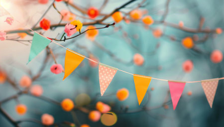 Colorful bunting flags in pink, yellow, and blue hang between tree branches. Tree background is blurry with pink, yellow, and orange blossoms. Soft and dreamy photo with sunlit feelの素材