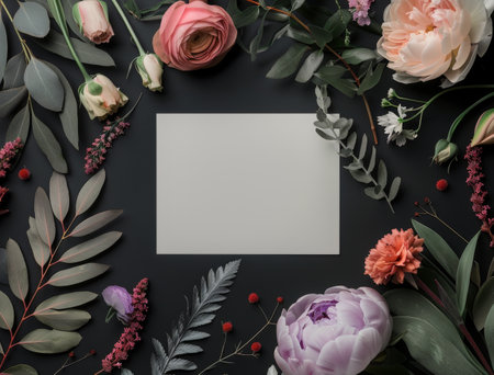 A white card sits in the center of a black background, surrounded by a variety of flowers, including pink tulips, white peonies, and orange blossoms.の素材