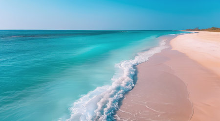 A wave of turquoise water crashes on a pristine white sand beach. The water is clear and calm, and the sand is soft and inviting.の素材