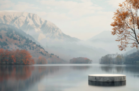A wooden table sits on the edge of a foggy lake, with mountains and trees in the background. The scene is peaceful and serene, with a soft, misty atmosphere.の素材