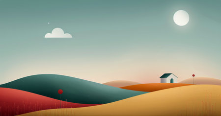 A white house with a green roof sits on a yellow hill in a stylized landscape. Behind the house, the hills are red and blue, and the sun is setting in the sky, leaving a soft glow on the horizon.の素材