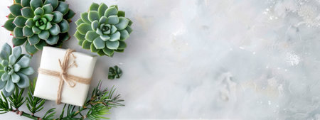 Succulents arranged in a corner on a white background. They are all in focus and arranged in a cluster.の素材