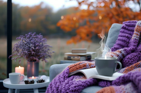 A cozy blanket and open book lie on a couch, inviting relaxation by a window with a view of colorful autumn foliage.の素材