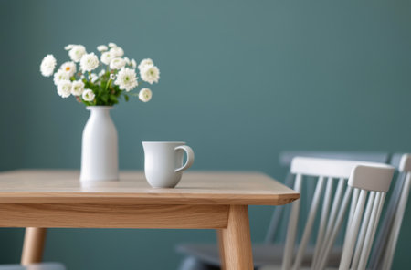 A modern dining room features a wooden table and gray chairs against a vibrant green wall. White pendant lights hang above the table, and a vase of white flowers sits on the table. The room has light wood floors.の素材