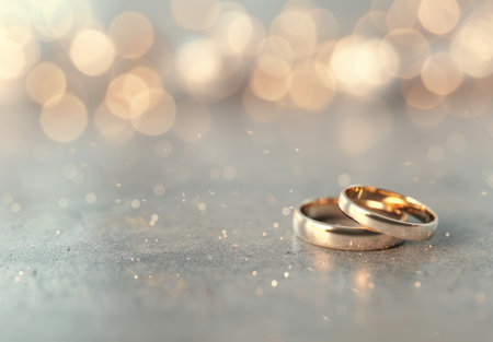 Two gold wedding bands rest side-by-side on a white table with a blurred background of warm light.の素材