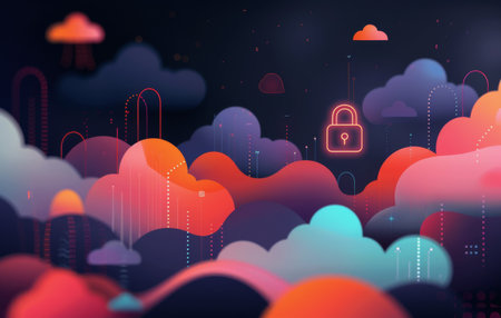 A digital illustration of a glowing red padlock hovering above a landscape of abstract clouds in various shades of pink, orange, purple, and blue.の素材