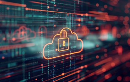 An orange cloud computing icon with a padlock inside is depicted on a digital grid of orange and blue lines.の素材