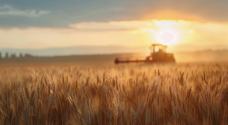 A combine harvester moves through a golden field of wheat at sunset. The machine leaves a trail of dust behind it as it cuts and collects the ripe grain. The setting sun casts a warm glow over the scene, illuminating the distant hills in the background.の素材