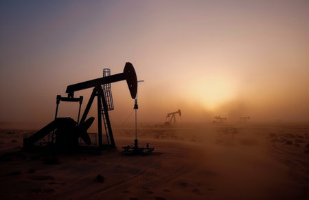 A single, silhouetted oil rig stands in the foreground, pumping oil as the sun sets over a dusty desert landscape. The rig is framed against a hazy, orange sky, with other oil rigs visible in the distance.の素材