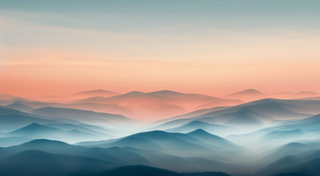 A panoramic view of a mountain range, shrouded in mist and bathed in the soft light of dawn. The sky is a pale blue, and the mountains are a soft blue-gray, creating a serene and ethereal landscape.の素材