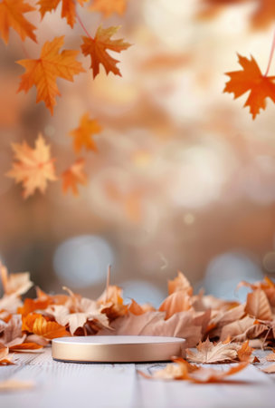 A white platform sits on a white surface with scattered orange leaves. A blurred background of orange leaves and bokeh suggests a fall setting.の素材