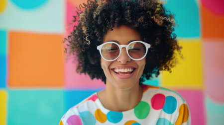 A woman with curly hair and white sunglasses is smiling brightly at the camera, standing in front of a colorful wall of squares. She is wearing a white shirt with multi-colored polka dots.の素材