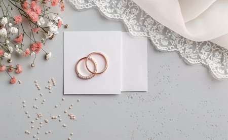 A white card with a pink ribbon and two gold wedding bands on top. The card is surrounded by pink and white flowers, and gold confetti.の素材